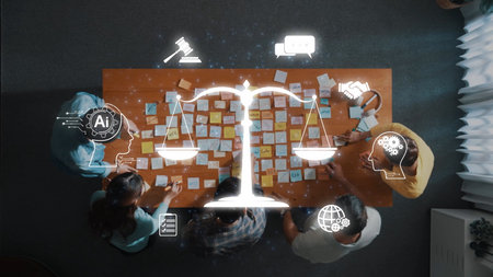 A dynamic workspace featuring a collaborative team discussing legal concepts while integrating artificial intelligence. Visual elements showcase justice and technology. Rasterの写真素材