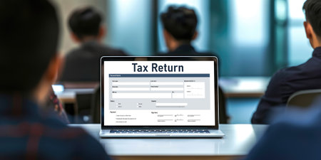 Online tax return form for submitting individual income tax return form brisk on the internet website. Government web for tax payment and return. Taxation technology concept.の素材