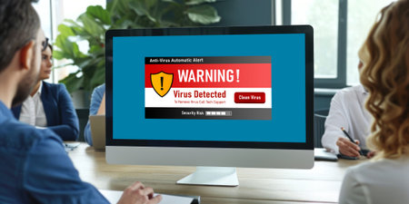Virus warning alert on computer screen detected brisk cyber threat , hacker, computer virus and malwareの素材