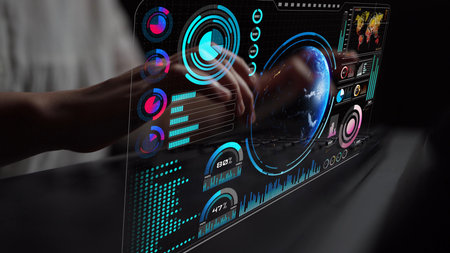 High-tech global network connection interface showing worldwide digital communication, data...