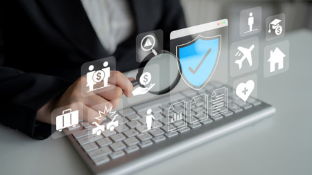 Various insurance icons like travel, health, home, and car protection connected to a central blue...