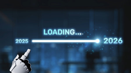 A dynamic digital loading progress bar indicating the transition from 2025 to 2026, complemented by...