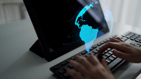 Global network connection visualization showing data exchange, digital link, worldwide...