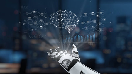 A futuristic robot arm interacts with a visualized brain network, illustrating the concept of...