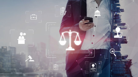 Legal compliance and governance concept showing justice scale, courthouse, contract, policy, agreement, rule, and protection of rights in legal or business environment Marrowの写真素材