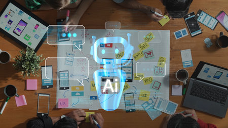 A dynamic team collaborates in a modern workspace, utilizing technology and creative tools to...