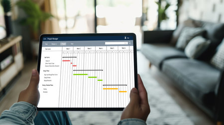 Project planning software for brisk business project management on the computer screen showing timeline chart of the team projectの素材