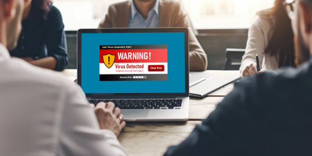 Virus warning alert on computer screen detected brisk cyber threat , hacker, computer virus and malwareの素材