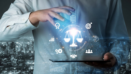 Futuristic digital law interface displaying justice scale, highlighting digital law, AI compliance, digital law systems, and digital law regulations for secure governance.の写真素材