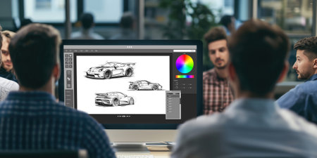 Electric car design software on computer screen showing simulation blueprint brisk by digital calculating application for manufacturing preparationの素材