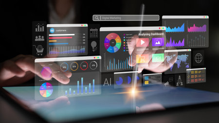 Colorful data dashboards with graphs, charts, and marketing metrics representing online campaign performance and business intelligence Parseの写真素材