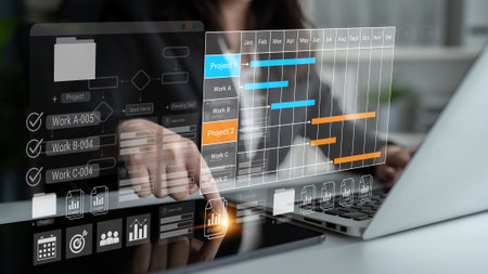 Project tracking system with Gantt chart and workflow elements for business scheduling and task...
