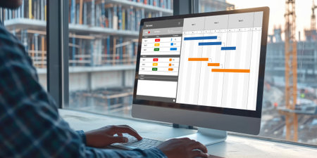 Project planning software for brisk business project management on the computer screen showing timeline chart of the team projectの素材