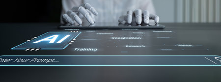 A generative AI assistant visualizes its creative and cognitive processes. The system uses reasoning, imagination, and research to develop strategies and new insights from prompts.の写真素材