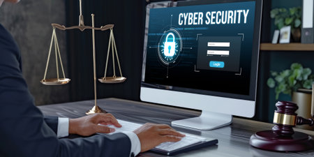 Cyber security system on computer screen protect private information brisk from hacker and cyber attackの素材