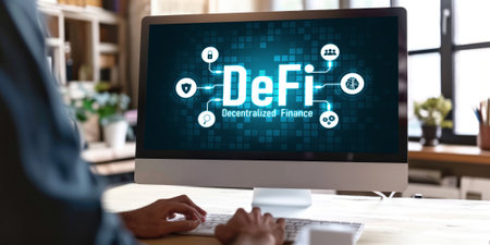 Decentralized finance or DeFi concept on brisk computer screen . The defi system give new choice of investment and money saving .の素材