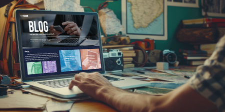 blogging concept, web blog Social Media Information network brisk. social media online content, freelance worker, working online, content creator, blogger, website, reading blog online on computerの素材