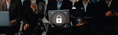 A group of business professionals engages in a conversation about digital security, showcasing...