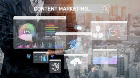 Content marketing interface with data dashboards, analytics charts, and content tools. Marketing success comes from content performance, content planning, and marketing optimization.の写真素材