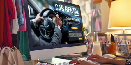 car rental website on computer screen for tourist to rent a car for transportation briskの素材