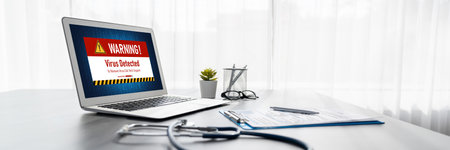 Virus warning alert on computer screen detected brisk cyber threat , hacker, computer virus and malwareの写真素材