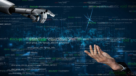 A captivating scene illustrating the interaction between a robotic hand and a human hand, surrounded...