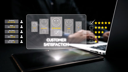 A visual representation of customer satisfaction feedback, featuring smiley faces and star ratings,...