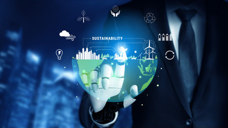 The concept of using AI for sustainability and green energy management. An AI vision for a smart city with renewable resources and a clean ecosystem. Motifの写真素材