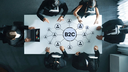Business professionals collaborate in a modern workspace, utilizing virtual reality technology for innovative B2C market strategies and effective team engagement.の写真素材