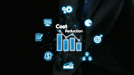 This image showcases a modern approach to cost reduction in business, featuring financial graphs, icons, and data visualizations that emphasize efficiency and profitability.の写真素材