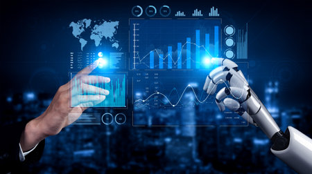A captivating scene depicting a human hand interacting with a robotic hand, showcasing digital data...