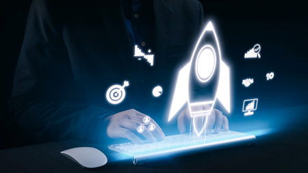 A business professional engages with a keyboard, surrounded by holographic startup icons,...