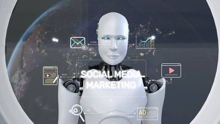 A futuristic robot symbolizes the concept of social media marketing with digital graphics highlighting communication trends and data analytics for innovative strategies. Synapseの写真素材