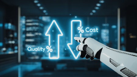 A robot hand points at a glowing graph displaying the relationship between quality and cost in a modern office. This image symbolizes the intersection of technology and business analytics.の写真素材