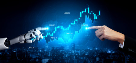 This image depicts a robot hand and a human hand reaching towards a digital financial graph,...