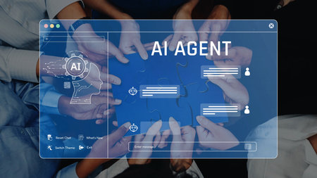 A vibrant scene showcasing multiple hands collaboratively working on a puzzle alongside a digital...