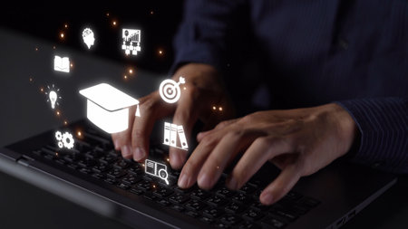 Online education boosts access to learning. Learn anytime through flexible platforms. Education technology transforms how we learn. Digital learning creates new education experiences worldwide.の写真素材