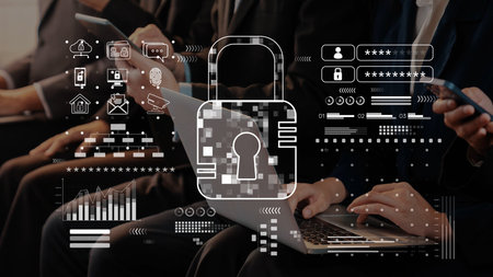 Focus on digital security in a business environment, highlighting the importance of data protection,...