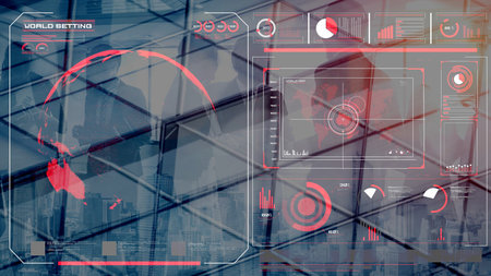 High-tech global network connection interface showing worldwide digital communication, data...