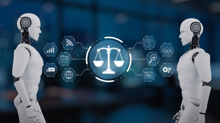 Two human-like robots represent a conversation on artificial intelligence and law, portraying a balance of technology and justice in a futuristic setting. Synapseの写真素材