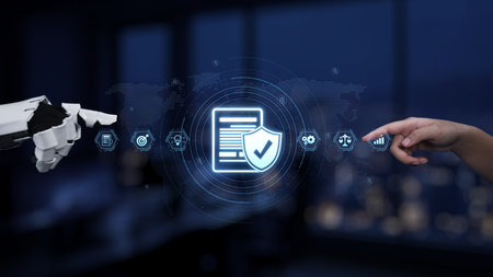A captivating blend of robotics and human interaction showcases a digital security concept for data management. Ideal for illustrating modern technology themes. Synapseの写真素材