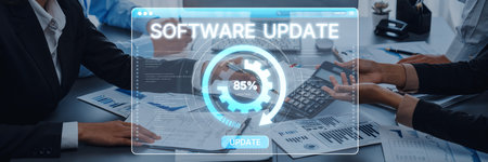Business professionals collaborate on a software update project, displaying a digital interface that...