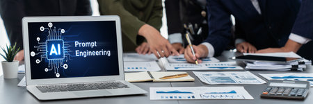 Panorama shot analyst team utilizing BI Fintech to analyze financial report with laptop. Businesspeople analyzing BI data dashboard displayed on laptop screen for business insight.の写真素材