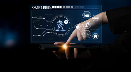 Smart grid system integrating renewable energy sources, energy storage, smart inverters, and demand response for efficient, decentralized, and modern power distributionの写真素材