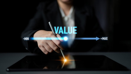 Value measurement and adjustment concept showing value, performance, and optimization level with focus on data analytics, calibration, and improvementの写真素材