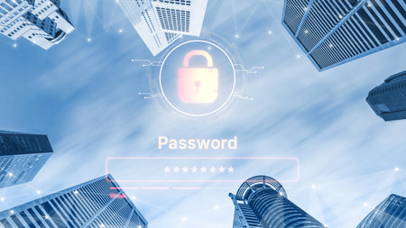 A concept of user authentication and password security. The interface shows a password strength...