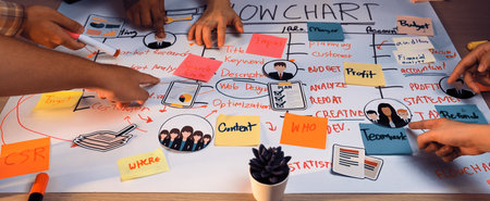 A diverse group of individuals collaborates over a colorful flowchart, using sticky notes and markers to outline strategies and ideas on a wooden desk in an engaging workspace.の写真素材