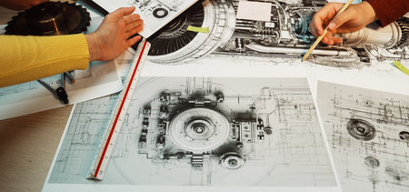 Engineers collaborate on technical drawings and mechanical schematics, showcasing hands-on teamwork and creative problem-solving in an engineering project environment.の写真素材