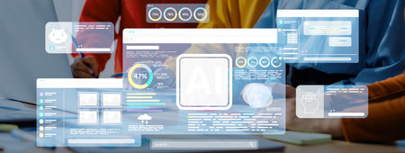 Innovative workspace featuring advanced AI analytics and data visualizations on multiple screens,...