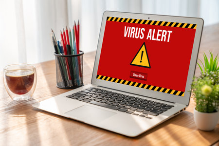 Virus warning alert on computer screen detected modish cyber threat , hacker, computer virus and malwareの写真素材
